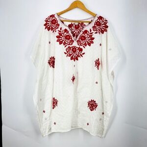 Sundance Womens Floral Embroidered Cotton Kaftan Tunic Top Boho V-Neck Size M